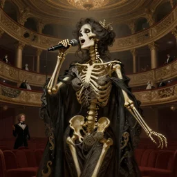 melancholic vibe, a female skeleton as a opera singer, singing at a opera house, skeletal woman, historical, intricate, highly detailed, dynamic lighting, digital art, digital painting, artstation, wlop, sharp focus, illustration, art by artgerm and greg rutkowski and alphonse mucha