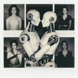 a black and white photograph of cybernetic love, in the style of egon schiele, jenny saville, m c escher, wassily kandinsky, piet mondrian, film photography, fashion photography, surreal, polaroid photography, soft lighting