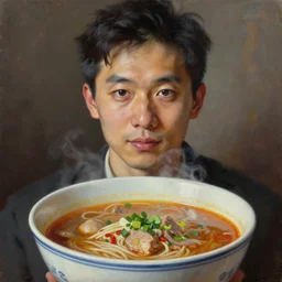 the man known as the god of soup, realistic oil painting, epic