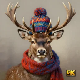 symmetry!! portrait of antlered deer wearing a colorful beanie!, scarf!, earring!, intricate, elegant, highly detailed, digital painting, artstation, concept art, smooth, sharp focus, illustration, art by artgerm and greg rutkowski and alphonse mucha, 8 k