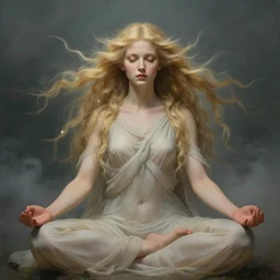 perfectly feminine face in meditation!! smoky murky lighting, wind blowing hair, full body portrait of young fairy goddess blessed by nature with ever - increasing physical mental perfection, blonde, symmetrical! intricate, sensual features, highly detailed, biblical divine holy perfection!! digital painting, artstation, concept art, smooth, sharp focus, illustration, art by artgerm and greg rutkowski and alphonse mucha