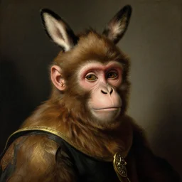 portrait of a monkey king of, artwork by velazquez, wearing a donkey ears