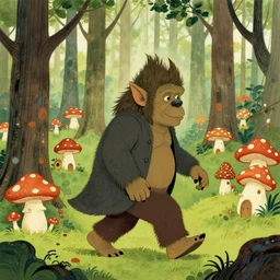 a troll walking in the woods, filled with mushroom houses, in the style of John Bauer, trending on pinterest