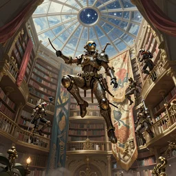 steampunk warriors parkouring in a polygonal library walls and glass ceilings showing the stars and hanging silk drapery and tapestries, light dust, magnificent, close up, details, sharp focus, elegant, highly detailed, illustration, by Jordan Grimmer and greg rutkowski and PiNe(パイネ) and 薯子Imoko and 香川悠作 and wlop and maya takamura, intricate, beautiful, Trending artstation, pixiv, digital Art