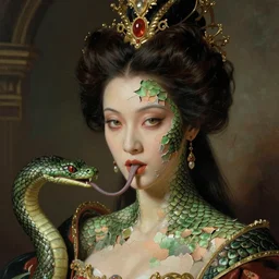 portrait of the queen, skin peeling to reveal green! scales!, forked snake tongue sticking out, art by ryo shiotani and greg rutkowski, intricate, beautiful, portrait photography, cinematic lighting, vintage art by serge ivanoff, high resolution, very detailed
