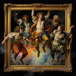 a baroque neoclassicist close - up painting of wild people jumping out of picture frames. reflective detailed textures. glowing colorful fog, black background. highly detailed fantasy science fiction painting by moebius, norman rockwell, frank frazetta, and syd mead. rich colors, high contrast. artstation