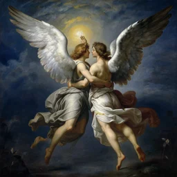 two angels going back to heaven, by gaston bussiere, epic painting, semi realism, artstation, big wings, night sky, octane render, 8 k, golden ratio