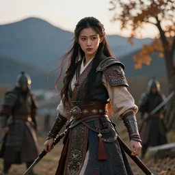 gorgeous warrior princess in a battle scene, open long hair, intricately decorated clothing, natural pose, mountains on the background, autumn tree on the right, backlight, dusk, shallow depth of field, highly detailed matte painting, rule of thirds, karole bak, hasui kawase, mohrbacher,