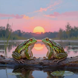 Two frogs sitting on a log in a pond, the sun sets in the background, the sky is pink and blue, oil painting