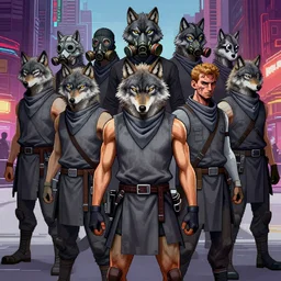 wolf gangs wear gray turf, gray bandana, some people use wolf mask, gas mask, and the boss have scratch on his face. pop art, pixel, bioshock infinite art style, gta chinatown wars art style, dynamic proportional, dynamic composition, face features, body features, ultra realistic art, digital painting, concept art, smooth, sharp focus, illustration, intricate, without duplication, elegant, confident posse, art by artgerm and richard hamilton and mimmo rottela