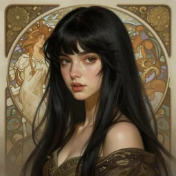 a beautiful girl with long black hair and bangs, fantasy, portrait, sharp focus, intricate, elegant, digital painting, artstation, matte, highly detailed, concept art, illustration, ambient lighting, art by ilya kuvshinov, artgerm, Alphonse mucha, and Greg Rutkowski