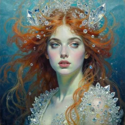 a realistic oil painting of a beautiful young woman resembling winnie harlow, crystal encrustations, underwater, fantasy art, by mucha, by bouguereau, intricate, colorful