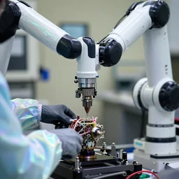 a close up of a sharp robotic arm with synthetic iridescent garments manufacturing a complex object, color photo, various levels of details, 5 0 mm sigma lens, high aperture
