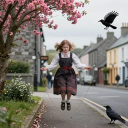 young girl skipping rope in sligo town, ireland. pink flowers in her hair. folk horror. great detail. ravens