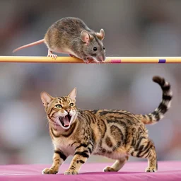A mouse performing a pole vault at the Olympics over a a hungry Bengal Cat, photoreal