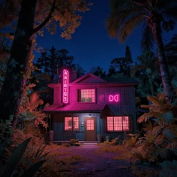 urbex by wes anderson, universe infrared studio ghibli nightsky dramatic lighting magic realism neon signs vaporwave at dawn nightvision myst retrowave rainforest, archdaily, wallpaper, highly detailed, trending on artstation.