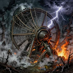 large mechanical device meticulously grinding down the truth and enslaving humanity, overpowering, ominous, ropes, webs, torturous, dark, steam, chains, fire, spiked, rain, mirth, clouds, lightning, puddles, consuming, parasitic, forest, thorns, by stanley artgerm lau, greg rutkowski, thomas kindkade, alphonse mucha