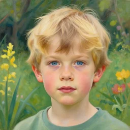 a cute seven year old boy with tousled blonde hair and blue eyes in a lovely garden, beautiful painting by artgerm and greg rutkowski and alphonse mucha, highly detailed face