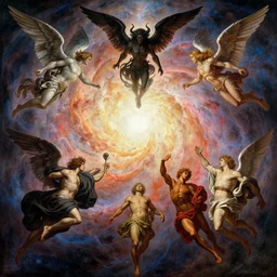 demons and angels flying into a nebula portal in the sky, detailed, vivid colors, masterpiece painting, octane render, volumetric lighting, cinematic, by gustave dore, by michelangelo, by h. r. giger