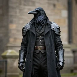 anthropomorphic armored raven in peaky blinders attire. photo by greg rutkowski