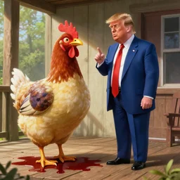 a beast with a chicken - head and duck feet but a women's face, standing on a wooden porch over a puddle of blood interviewing trump. highly detailed octane render 8 k volumetric lighting painted by akira toriyama