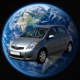 a car in space, the car is a grey 2008 toyota yaris, it is floating in space, earth in the background