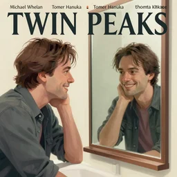 Twin Peaks poster artwork by Michael Whelan and Tomer Hanuka, Karol Bak, Rendering of Leland smiles at himself in the mirror and his reflection is that of BOB, from scene from Twin Peaks, clean, full of details, by Makoto Shinkai and thomas kinkade, Matte painting, trending on artstation and unreal engine
