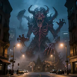 an esoteric monstrosity made of various lovecraftian horrors towering above a city street on a foggy night illuminated by street lamps