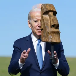 photograph of joe biden with a moai for a head
