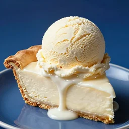 a scoop of vanilla ice cream, on a slice of pie. melting, dripping down the side, blue background, chesley bonestell, vincent di fate
