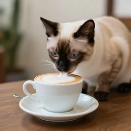 photograph of a korat kitten drinking a cappuccino