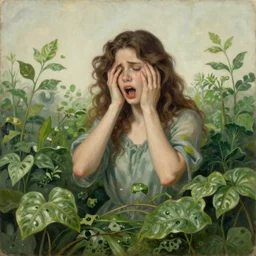 vintage beautiful painting of a woman having a nightmare about overgrown green plants and tentacles are attacking her  in a winter colour themed palette in Mary Cassatt style