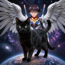 ultrarealistic black cat, standing on a planet, anime evangelion angels behind, galaxies background