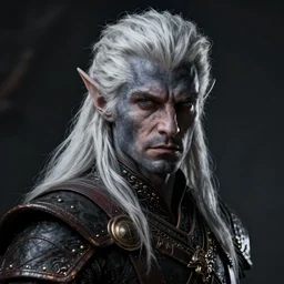 a portrait of a male dark gray elf with white hair, defined cheek bones, serious, wearing leather armor, style by donato giancola, wayne reynolds, jeff easley dramatic light, high detail, cinematic lighting, artstation, dungeons and dragons