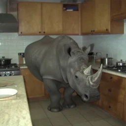 a rhinoceros in a stalinist style kitchen, by mini dv camera, very very low quality, heavy grain, very blurry, accidental flash, webcam footage, found footage, security cam, caught on trail cam