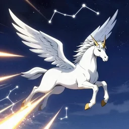 Pegasus Ryu Sei Ken, 4k, photorealistic, meteors fast as the speed of light, bright as LEDs, pegasus constellation in the background