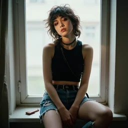a beautiful sleepy punk sit at a window, wearing crop top and torn short pants, pretty face, glamor shot, magnification, 8 k, lonely, accent lighting, de - noise, symmetrical face, hyper - realistic