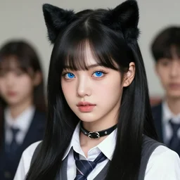 realistic detailed semirealism beautiful gorgeous cute Blackpink Lalisa Manoban wearing school uniform, blue eyes blue iris, black hair black cat ears, black leather choker, proportional body, WLOP, Aztodio, Taejune Kim, sakimichan, ArtGerm, Pixiv, Instagram, Artstation