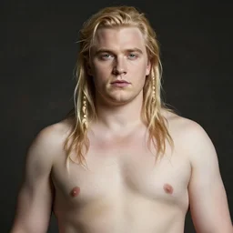 portrait of a young androgynous Henry Cavill with long blond hair and side braids by peter Paul rubens and Norman Rockwell, big beefy chunky strong fat build, very very very very pale white skin platinum blond hair