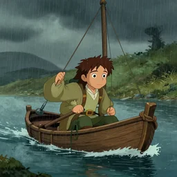 a beautiful hobbit boat sailing over a during rain, lord of the rings, cartoon, trending on artstation, award winning, moody light,.