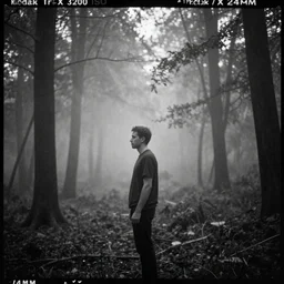 Monochrome photo of a man standing in a misty forest at night with light rays coming through the trees, motion blur, grainy, Kodak Tri-X 3200 ISO, 24mm Tilt-shift
