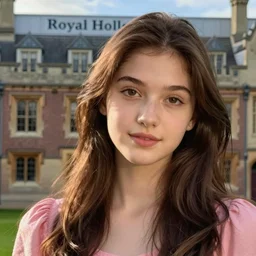 A young woman with long brown hair and a pink top, headshot, with the top of Royal Holloway Building in the background, realistic photo