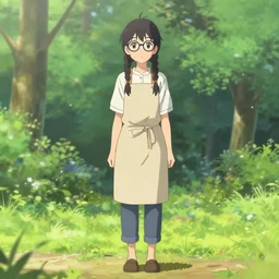 a beautiful full body portrait of a young woman with twin braids, wearing glasses and an apron standing in a park, symmetric and beautiful face, makoto shinkai, james gilleard, very detailed, matte, gaussian blur, tone mapped William-Adolphe, trending on pixiv