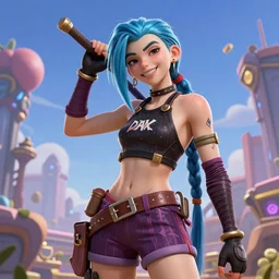 A ground breaking 3d masterpiece of Jinx, from Arcane, from League of Legends, digital art, exquisite detail, polished, post-processing, photo-shopped, low angle, octane render, unreal engine, photo-realistic, cinematic, trending on ArtStation