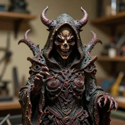 photo taken of an epic intricate, ultra detailed, super realistic sculpture of a nightmarish hellish demonic hooded grim reaper on display in a workshop, created by weta workshop, zoomed in shots, photorealistic, sharp focus, f 0. 4, face centred, macro photography, golden ratio, golden hour