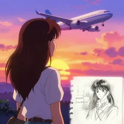 woman watching a plane fly away in sunset, sprite, vaporwave nostalgia, directed by beat takeshi, visual novel cg, 8 0 s anime vibe, kimagure orange road, maison ikkoku, sketch by osamu tezuka, directed by makoto shinkai and beat takeshi