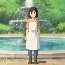 a full body portrait of a young woman wearing a white apron standing in front of a fountain in a park, makoto shinkai,  james gilleard, very detailed, matte, gaussian blur, tone mapped William-Adolphe, trending on artstation