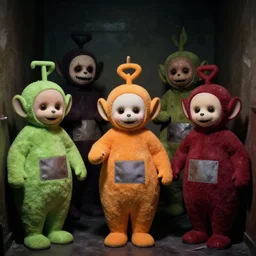 1 9 9 0 teletubbies in the backrooms, animatronics, low key, disturbing, grimace faces, found footage, claustrophobic