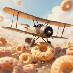 a biplane flying through giant fruit loop cereals, close up action shot, artstation digital concept painting