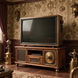 A room with a large turned off TV, steampunk furniture,  wallpaper on the walls, highly detailed, high definition, sharp focus,